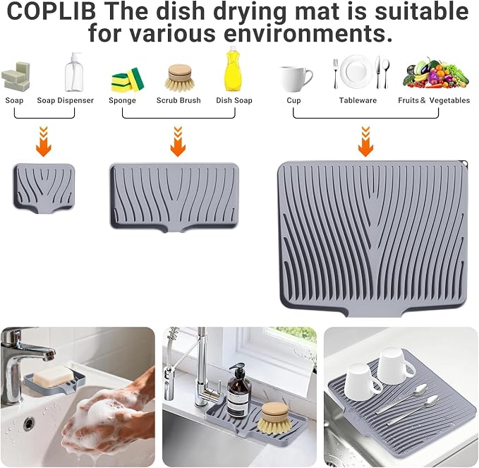 Silicone Dish Drying Mat for Kitchen counter, 19.7"x17" Extra Large Non-Slip Drain Pad with Built-in Drainage, Heat Resistant Dishwasher Safe, Grey