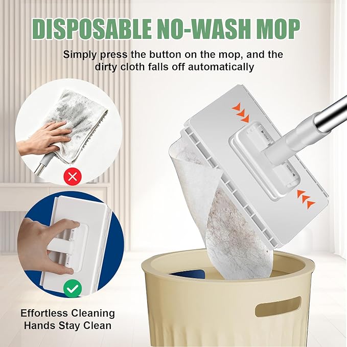 Snap Grip Mini Mop, Cloth Changing Mini Mop for Dry & Wet Disposable Pads, Lazy mopa Automatic gripping with Sweeping & Mopping, Long Handle Disposable Dust Mop for Hardwood, Tile, Small Space(White)
