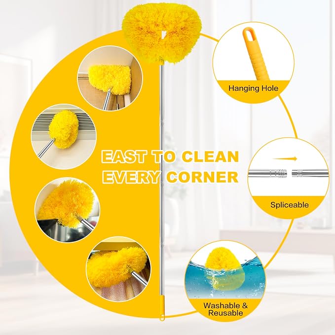 Ceiling Fan Cleaner Duster Reusable Microfiber Ceiling Fan Blade Cleaner Removable Duster with Extension Pole Adjusts 13 to 49.7 Inch for Cleaning Walls Bookshelves Furniture Door Window Top (Yellow)
