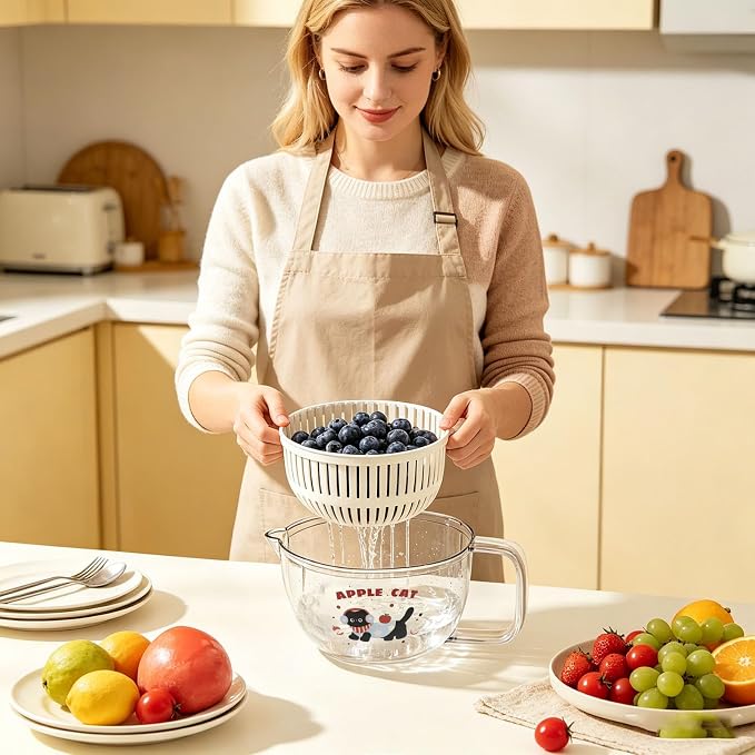 Salad Washer and Spinner with Bowl, Fruit and Vegetable Washer & Dryer, Vegetables Fruits Wash Bowl for Blueberries, Grapes & Cherry Tomatoes, Easy-Clean Kitchen Gadget for Greens (Beige)