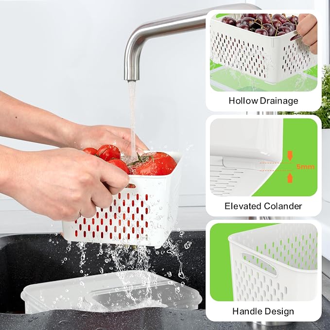 Fruit Storage Containers with Vent Holes and Colander - 4 Pack, BPA-Free Clear Plastic Food Storage Boxes with Airtight Lids for Refrigerator Fridge Vegetable Produce Organizer - Purple