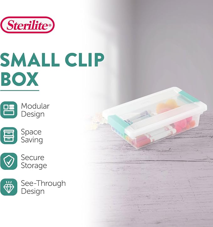 Sterilite Small Clip Box, Stackable Small Storage Bin with Latching Lid, Plastic Container to Organize Office, Crafts, Clear Base and Lid, (Pack of 6) | Storage Containers with Latching Lids for Writing, Arts or Crafts Supplies - Home, Office, Classroo...