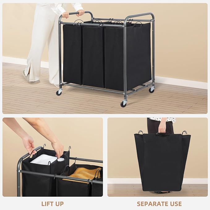 STORAGE MANIAC 3 Section Laundry Sorter, 35.6 Gal (135 L) Laundry Hamper Cart with Heavy Duty Rolling Lockable Wheels and Removable Bags, Clothes Organizer Basket Separator Hamper, Black