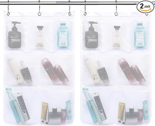 GYEUKHAM Mesh Shower Caddy Hanging Organizer with 7 Pockets and Hooks, Portable Quick Dry Bathroom Storage for College Dorm, Cruise, RV, Gym, Travel Toiletry Bag, White, 2 Pack