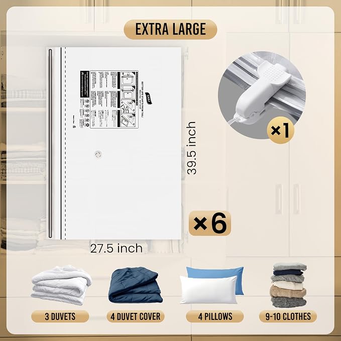 TAILI 6 Pack Jumbo Vacuum Storage Bags, 39x28 inch, LONG SIDE ZIP Vacuum Seal Bags for Clothing, Space Saver for Beddings, Comforters, Blankets, Pillows