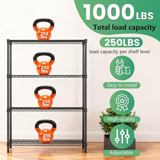 36" L×14" W×54" H Commercial Wire Shelving Unit Metal Shelf with 4 Tier Adjustable Layer Rack Strong Steel for Restaurant Garage Pantry Kitchen Garage，Black