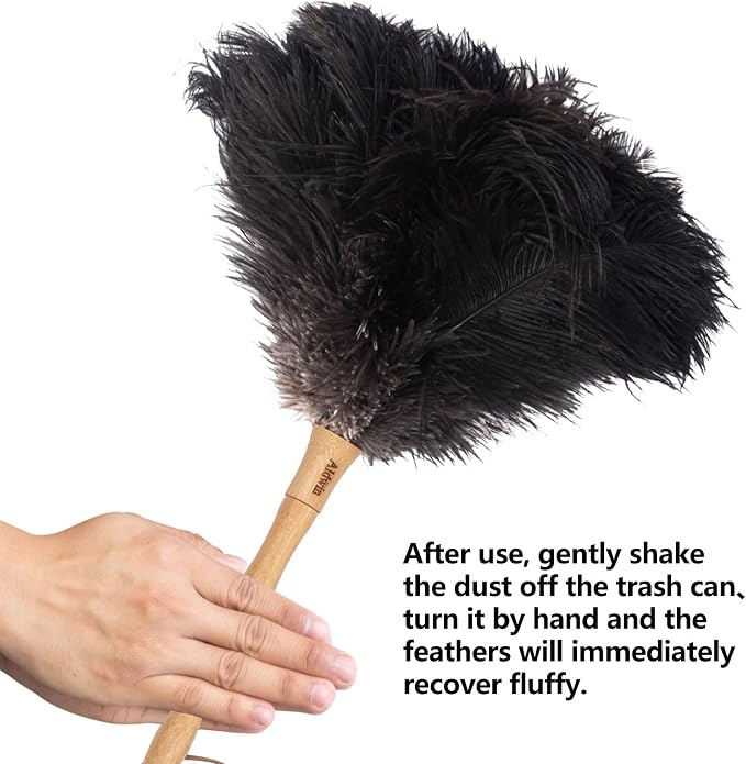 Aldwin Ostrich Feather Dusters for Cleaning, 16 inch Black | Genuine Ostrich Feathers with Wood Handle, Reusable Car Dusters, Eco-Friendly Handheld Dusters for Home, Office and Kitchen