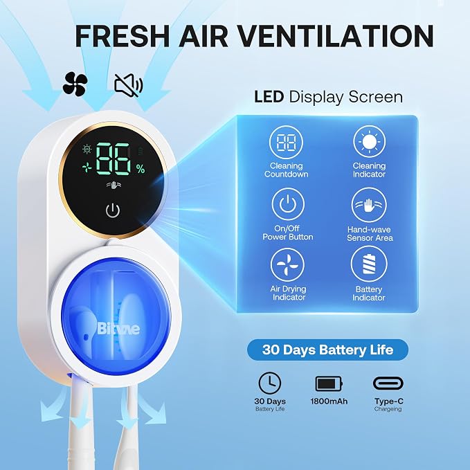 Bitvae Upgraded Tooth Brush Holder for Bathroom 2.0 Infrared Sensing | Toothbrush Cleaner, Wall-Mounted for Most Size Toothbrushes, Air Drying, LED Smart Screen, White Gold Trim