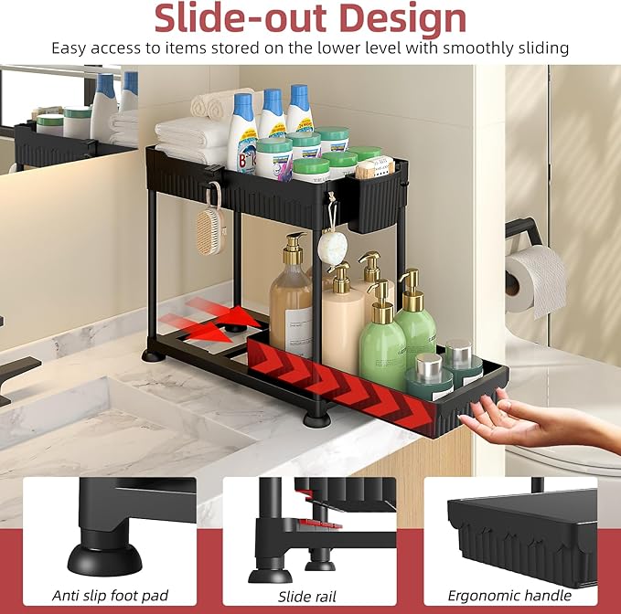 Sevenblue Under Sink Organizer, Bathroom Organizers and Storage, 2 Tier Multi-Use Pull Out Cabinet Organizer with Hang Hooks and Cups (Black, 14.8 Inch)