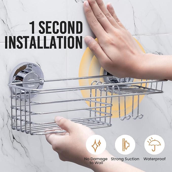 LEVERLOC Shower Caddy Suction Cup, Organizer with Hooks & Soap holder for Inside Shower, Removable Bathroom Shelf