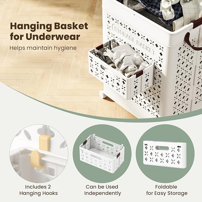 Giantex 75L Collapsible Laundry Baskets with Wheels, Foldable Laundry Basket with Wheels, Handles & Underwear Basket, Large Plastic Laundry Hamper for Bathroom, Bedroom, Dorm