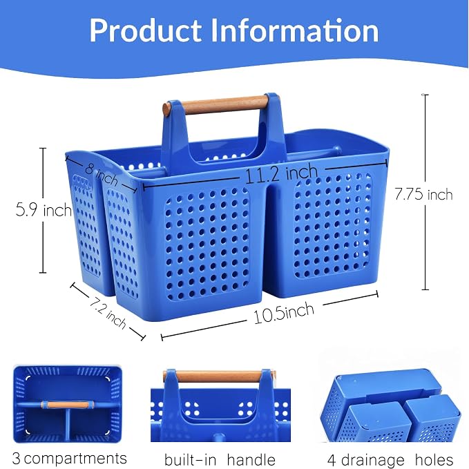 Portable Shower Caddy Basket with Wood Handle, 3-Compartment Bathroom Organizer Tote with Drain Holes, Plastic Shower Basket for Dorm, Toiletries, Cleaning Supplies, Deep Blue