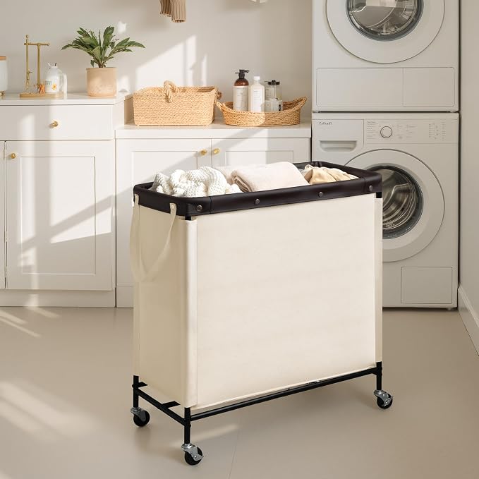 StorageWorks 3 Section Laundry Hamper, 120L Beige Sorter Cart with Wheels