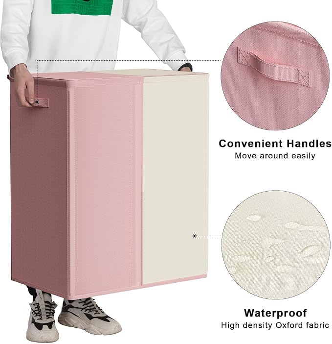WOWLIVE Double Laundry Hamper with Lid, 154L Large Laundry Basket Organizer | Collapsible Dirty Clothes Hamper 2 Section, with Removable Laundry Bags for Laundry Room, College Dorm, Pink and Beige