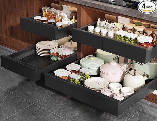 Seinloes 4 Pack Pull Out Cabinet Organizer Expandable Width(13"-21") and Depth(17"-24"),Slide Out Drawers With Raising Pad for Framed Cabinets,No Drill Roll Out Shelves for kitchen,Bathroom,Black