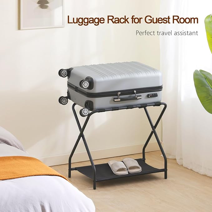 AMHANCIBLE Luggage Rack, Set of 2, Foldable Suitcase Stands for Guest Room | Metal Luggage Holder with Storage Shelf for Bedroom, Hotel, Easy Assemble, Black
