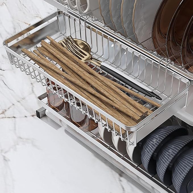 Sturdy 304 Stainless Steel Flatware Organizers with Hooks, 2 Pcs Drawer Silverware Organizer for Chopsticks/Spoon/Fork/Knife, Large and Small