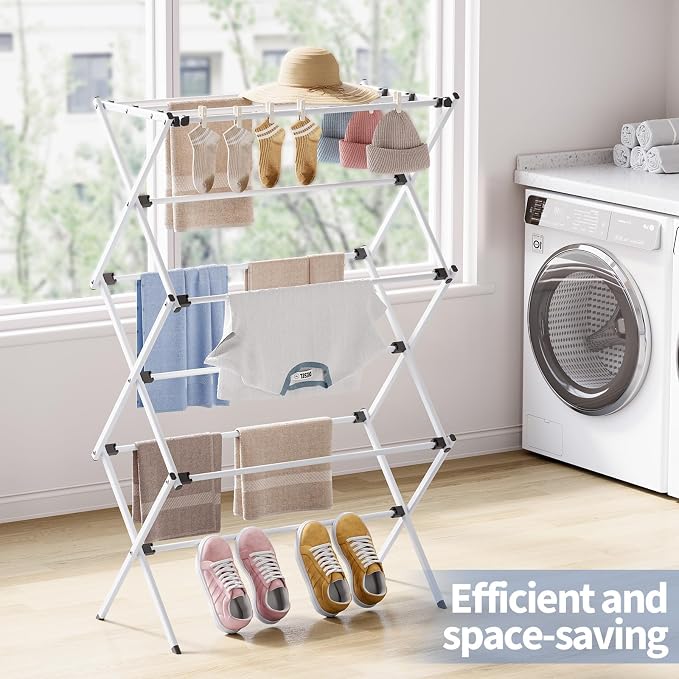 Clothes Drying Rack Foldable, Laundry Drying Rack 3 Tier, Foldable Metal Clothing Dryer for Cloth Towel Shirt, Collapsible Clothe Horse Compact Storage, Clothes Airer Indoor Outdoor, White