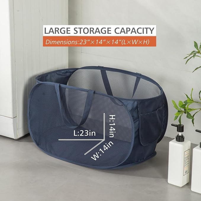 Sturdy Mesh Laundry Hamper Basket Bag,collapsible Pop up for Laundry Room | Folding Foldable Baskets with Side Pocket Travel Clothes Organizer for Bathroom,Kids Room,College Dorm (Horizontal,Navy Blue)
