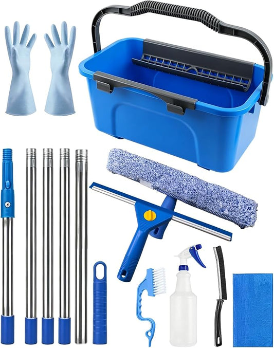 Window Cleaning Kit with Storage Bucket, Squeegee Cleaner Tool with Extension Pole, Glass Cleaning Tools Set with Spray Bottle, Brush, Scrubber, Gap Brush & Gloves for Window Shower Mirror Car