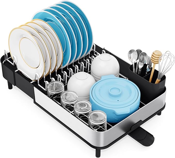 Urackify Dish Drying Rack - Dish Drainer for Kitchen Counter, Stainless Steel Dish Rack with Swivel Draining Spout & Drain Board, Expandable Space-Saving Kitchen Dish Organizer for 3-4 People, Black