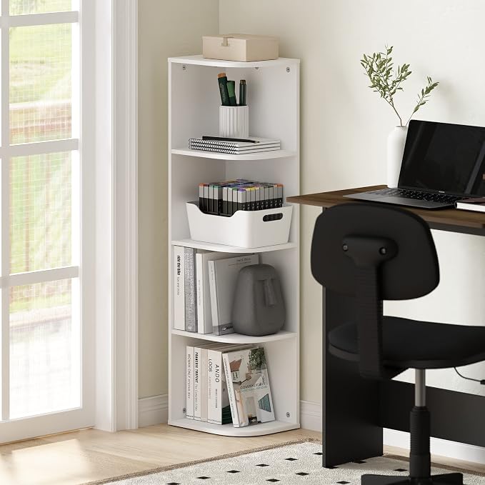Furinno Pasir 4-Tier Corner Open Shelf Bookcase, White