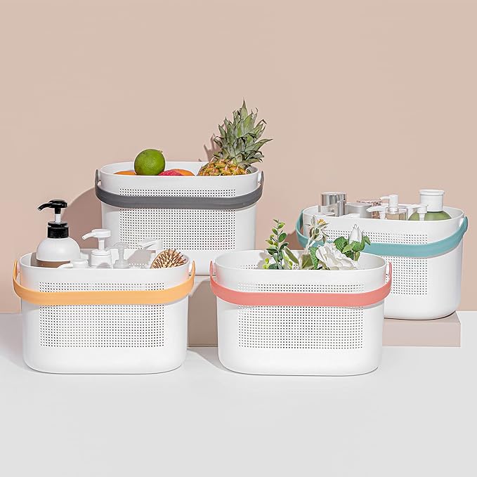 Plastic Protable Shower Caddy Basket, Storage Organizer with Handle, Green | Bottom Drain Holes, Keep Dry, Sturdy and Durable, Easy to Carry for Bathroom, Kitchen, Dorm Room, RV, College