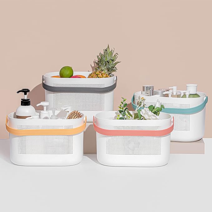 Plastic Protable Shower Caddy Basket, Storage Organizer with Handle, Grey | Bottom Drain Holes, Keep Dry, Sturdy and Durable, Easy to Carry for Bathroom, Kitchen, Dorm Room, RV, College
