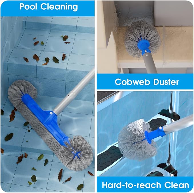 TidyMister Pool Brush with Pole - 20’’ 2-in-1 Detachable Round Brush with Extra Side Brush for Cleaning Hard-to-Reach Corners, 9 FT Aluminum Extended Pool Pole with Hidden Hook Retriever