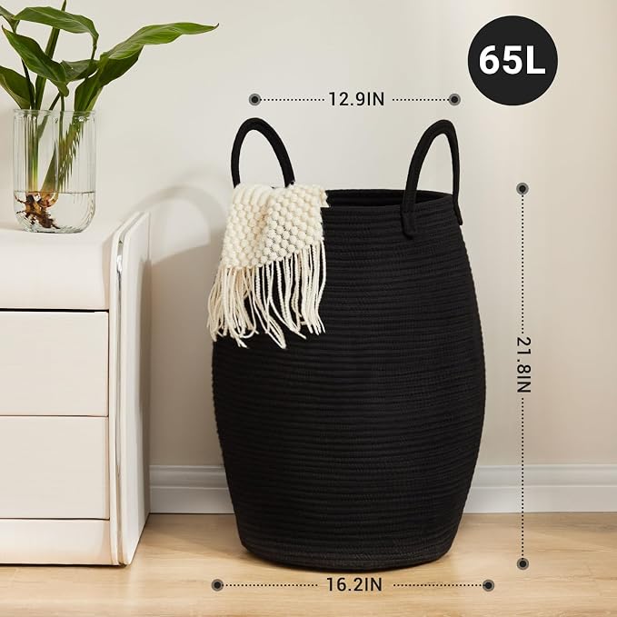 Large Laundry Hamper Basket 65L Woven Blanket Basket, Black | Tall Clothes Hamper, Rope Wicker Laundry Basket, Storage Basket for Toys, Dirty Cothes in Bedroom, Living Room Organizer