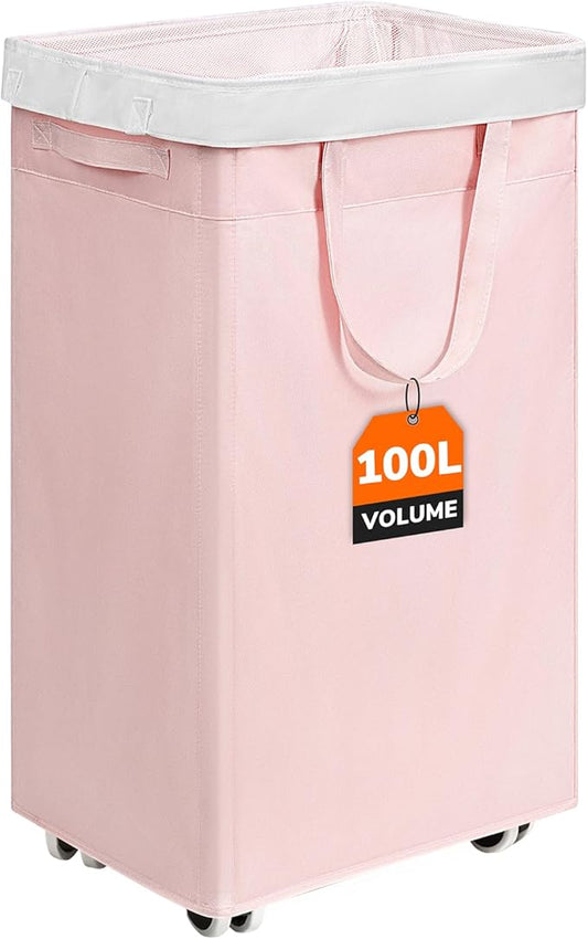 CHICVITA 100L Slim Collapsible Laundry Basket with Wheels, Pink | Rolling laundry basket for living room and college dorm. Folds flat for storage when not needed