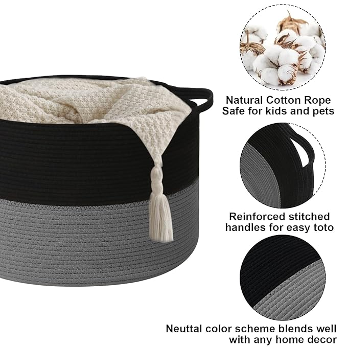 90L Large Blanket Basket, 21.7"x 21.7"x 13.8" Rope Woven Storage Basket with Handles, Laundry Hamper for Toys,Clothes,Pillows & Towels,Perfect for Living Room,Nursery & Bedroom,Black&Dark Grey