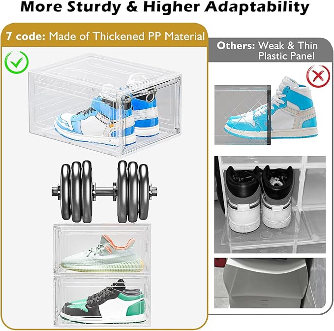 7 code Large Clear Shoe Boxes Organizer【Thicker Material】 Stronger Shoe Box with Magnetic Door, Stackable Shoe Storage Box for Closet, Foldable Space-Saving Storage Bins Shoe Cabinet, White 9 Pack | Foldable Shoe Storage Boxes for Sneakers & Boots, Spa...