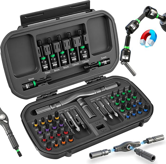 46 in 1 Magnetic Ratchet Screwdriver Set, Multi-Bit Screwdriver Kit, Nut Driver Set, Detachable Ratchet Handle with Storage Case, Repair Tool Kit for Furniture, Computer, Bicycle