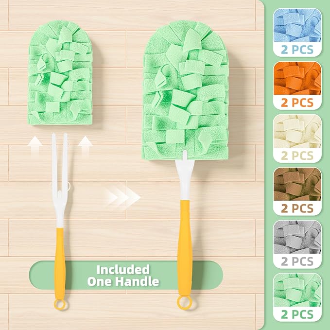 12 PCS Microfiber Reusable Duster Refills for Swiffer Duster | Washable Fleece Pads with 1 Handle, 360° Multi-surface Dusters, Heavy Duty Duster Refills, Wet & Dry Use, Morandi Colors