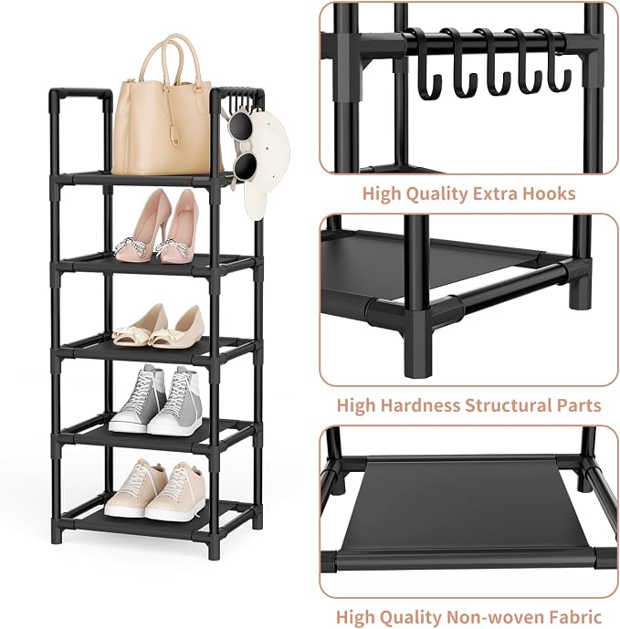 LANTEFUL Narrow Shoe Rack 5 Tier Shoe Shelf Storage for 5-10 Pairs Shoe and Boot, Sturdy Shoe Storage Space Saving Corner Shoe Rack Organizer for Closet, Entryway, Living Room, Black