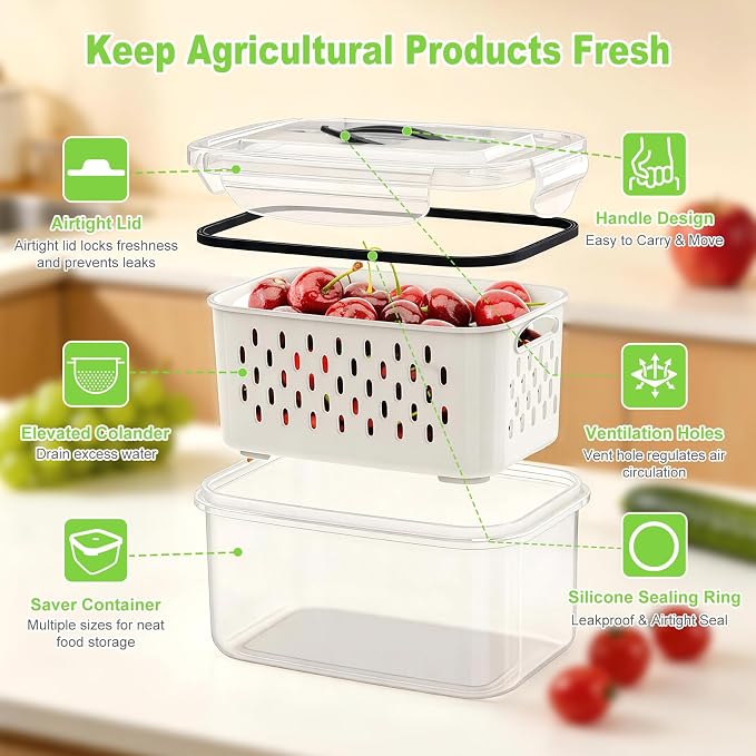 4 Pack Fridge Fruit Storage Containers with Colander, BPA Free Plastic, Airtight, with Vent Handle Stackable Refrigerator Organizer Bins for Berry, Meat, Vegetable