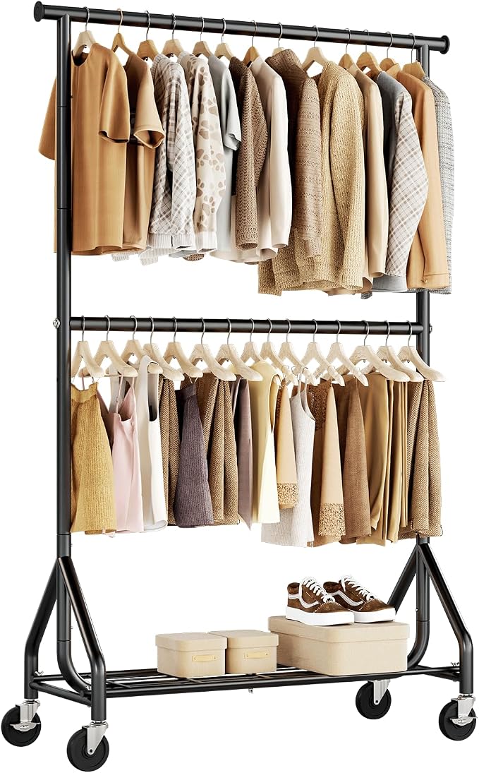 HYSEYY Heavy Duty Clothes Rack, Double Rod Clothing Rack for Hanging Clothes, Rolling Garment Rack, Adjustable Freestanding Wardrobe Closet Coat Rack for Bedroom Laundry Living Room, Black