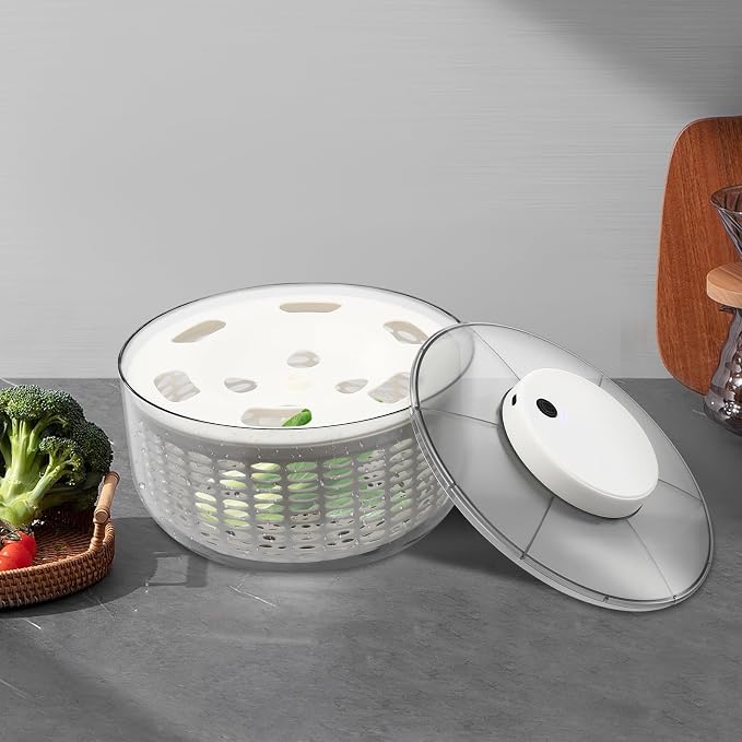 Electric Salad Spinner Round Gray Vegetable Spinn 1.59 Gallon/6 L Capacity Fruit Washer Dryer Ideal Kitchen Tool for Fast Wash, Spin & Dry Fresh Greens