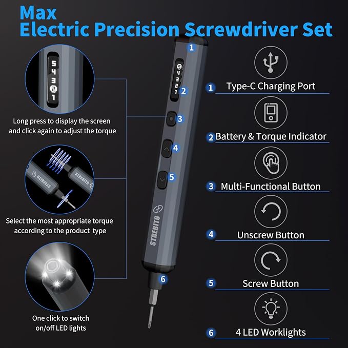 STREBITO Mini Electric Screwdriver, 70 in 1 Small electric screwdriver Set | 5 Upgraded Torque & Indicator, 64 S2 Preicison Bits, 4 LED Lights, Mini Power Screwdriver Repair Tool Kit for PC Electronic