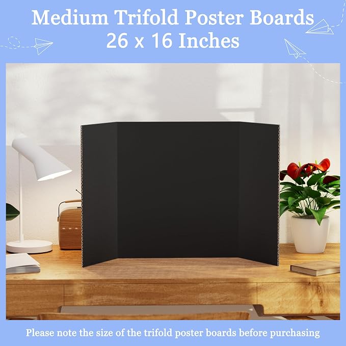 AKONEGE 12Pcs Medium Trifold Poster Board, 26" x 16" Black Corrugated Cardboard Tri Fold Poster Boards for School Projects, Presentations, Science Fair, Photo Display, Art Exhibition