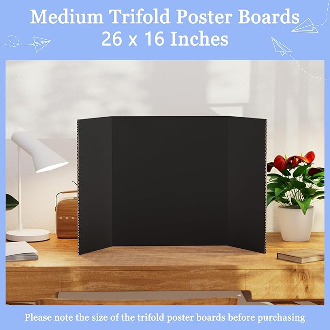 AKONEGE 6PCS Black Trifold Poster Board 26"x16" for Display & Presentation | Small, Corrugated Cardboard, Display Board, Presentation Board, Ideal for School Project, Science Fair, Business Exhibition