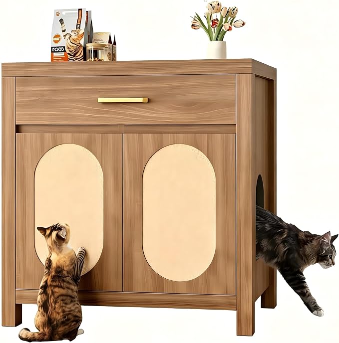 Cat Litter Box Enclosure, Hidden Litter Box Dog Proof with Sisal Scratching Board Doors and Drawer, Wooden Hidden Cat Litter Box Enclosure Furniture with Storage Drawer