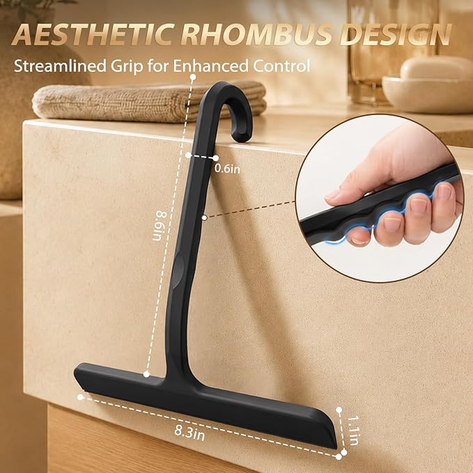 Silicone Shower Squeegee for Shower Glass Doors with Built-in Hook - One-Piece Seamless Bathroom Squeegee, Streak-Free Window Squeegee Cleaner Tool for Mirror, Tile, Countertop, Car Windshield (Black)