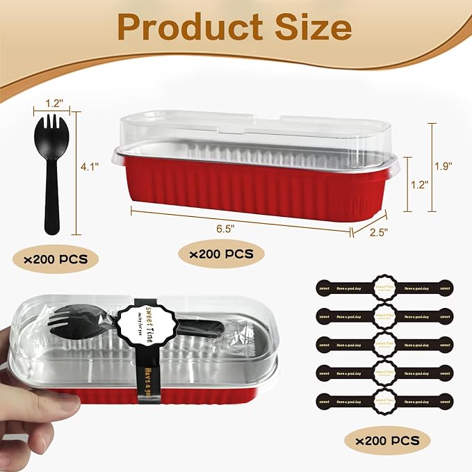 Mini Cake Pans with Lids and Spoons 200 Pack, Mini Loaf Pans with lids 6.8oz, Small Disposable Aluminum Foil Loaf Pans, Rectangular Baking Container for Party, Picnics and Housewarming (Red)