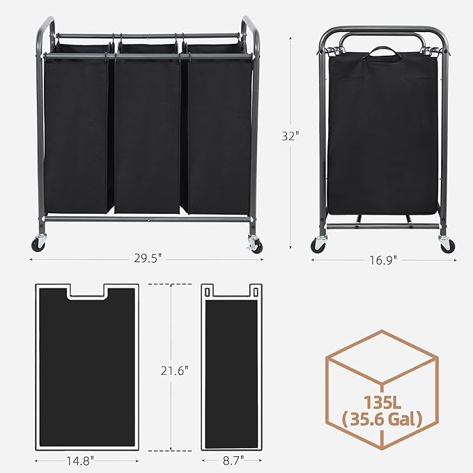 STORAGE MANIAC 3 Section Laundry Sorter, 35.6 Gal (135 L) Laundry Hamper Cart with Heavy Duty Rolling Lockable Wheels and Removable Bags, Clothes Organizer Basket Separator Hamper, Black