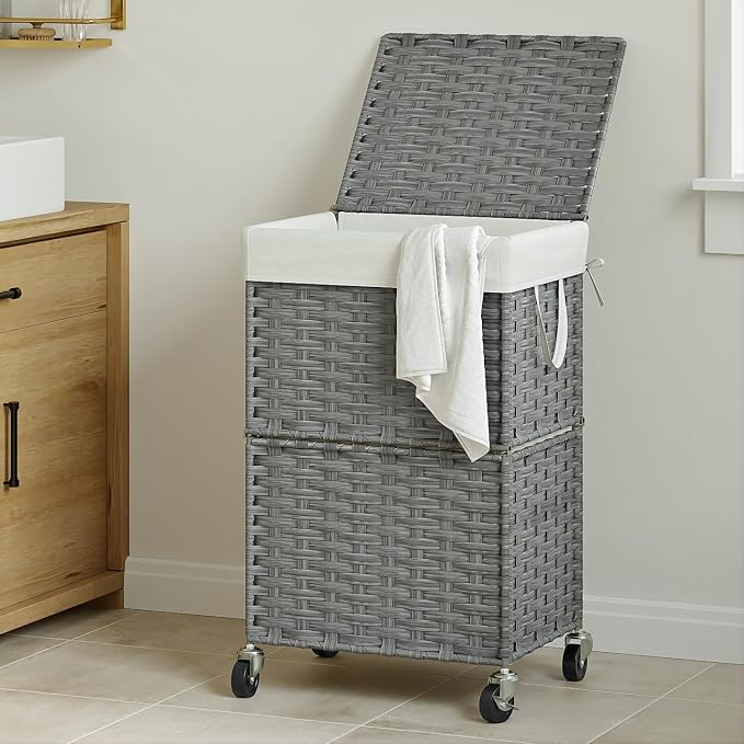 Chrislley Wicker Laundry Basket with Wheels,Rolling Laundry Hamper with Lid | 90L Slim Clothes Hamper with Wheels & Removable Liner Bag, Handwoven Rattan Laundry Organizer for Bedroom, Bathroom, Grey