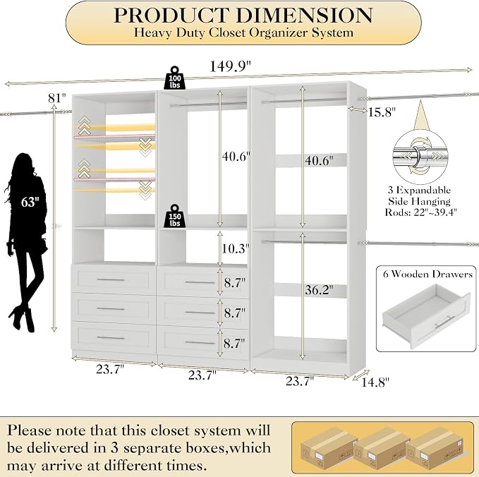 Closet System with 3 Sets, 6-16FT Closet Organizer System with 6 Drawers & 5 Shelves & 6Hanging Rods, Custom L-Shaped Walk in Closet Organizers and Storage System, Modular Closet Shelving System,White