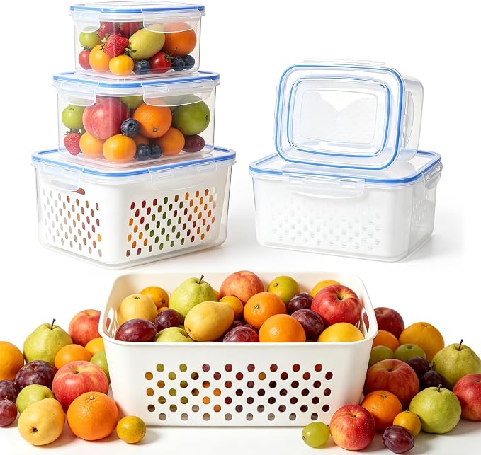 3 PCS Fruit Storage Containers for Fridge,Removable Colander,Airtight Food Storage Containers,Keep Fresh Longer