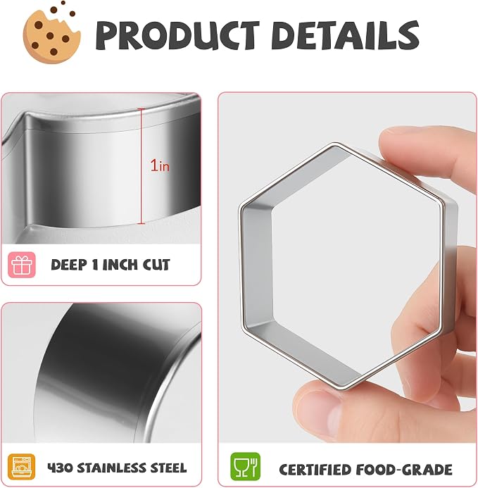FUSOTO 6PCS Hexagon Cookie Cutter Set, Large Geometric Stainless Steel Baking Supplies for Homemade Cookies, Hexagon Plaque Cookie Cutters Shapes Biscuit Molds, 6 Sizes (1.5, 2, 2.5, 3, 3.5, 4 Inch)